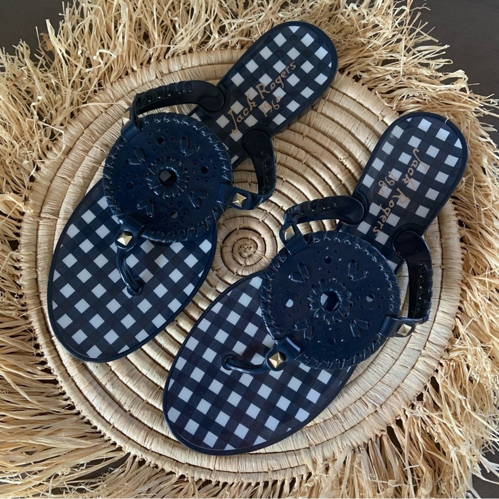 JACK ROGERS Gingham Georgica Sandals Blue White Size 10